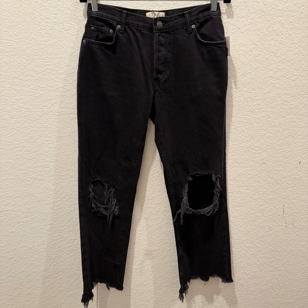 Free People We The Free Distressed Straight Leg Jeans Black Raw Hem Size 26